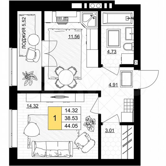 1-к. квартира, 44 м², 7/7 эт.