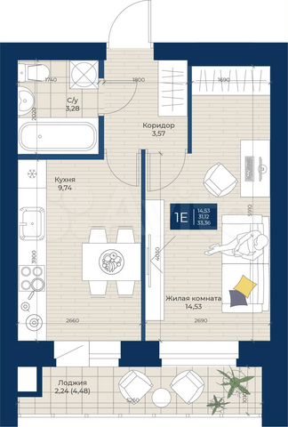 1-к. квартира, 33,4 м², 2/5 эт.
