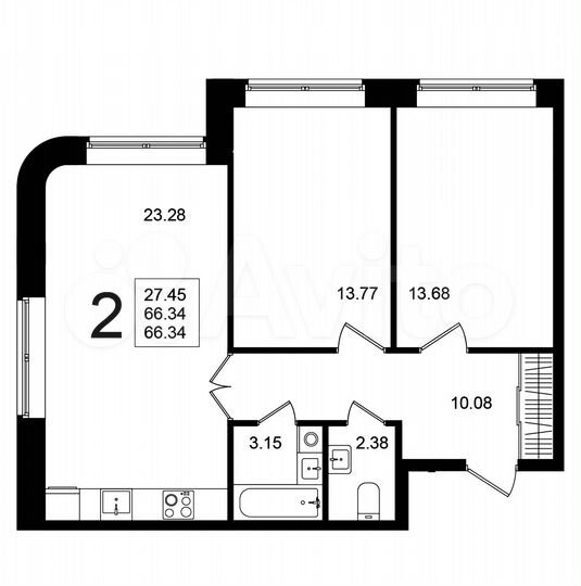 2-к. квартира, 66,3 м², 1/5 эт.