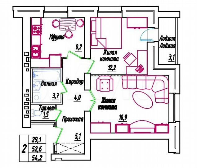 2-к. квартира, 54,2 м², 4/9 эт.
