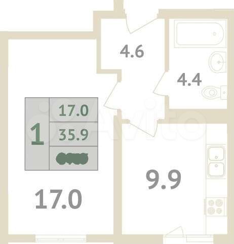 1-к. квартира, 36 м², 2/17 эт.