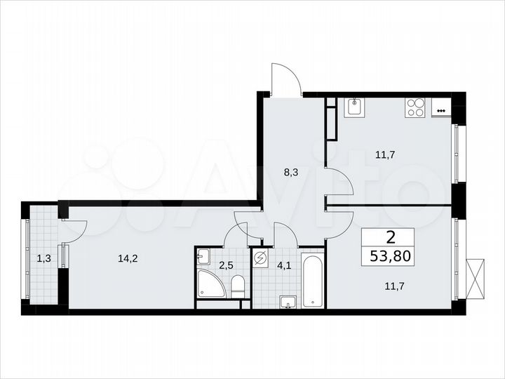 2-к. квартира, 53,8 м², 5/9 эт.