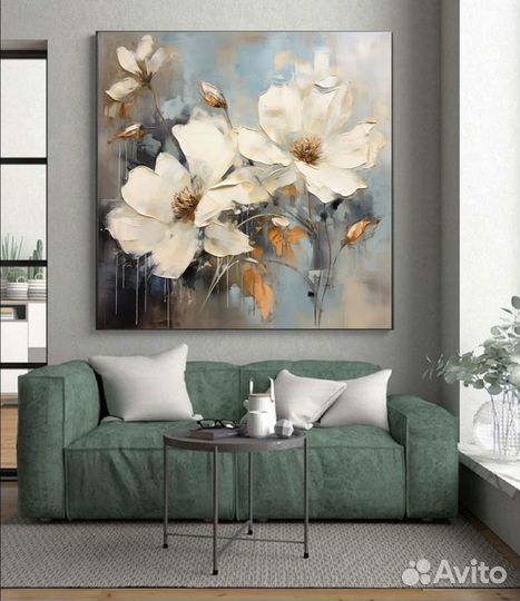 Большая картина текстурной пастой белые цветы