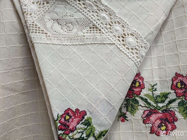 Скатерть круглая лен вышивка крестом и шторы
