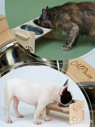 Миски для животных на деревянной подставке