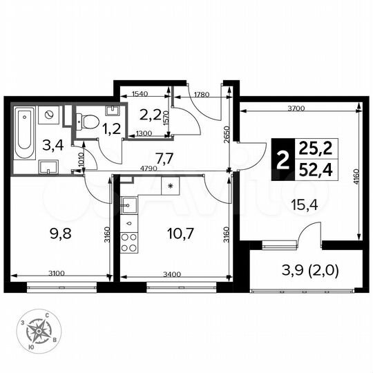 2-к. квартира, 52,4 м², 2/24 эт.