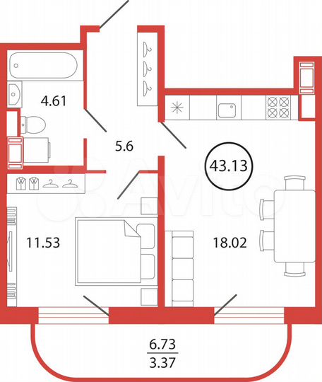 1-к. квартира, 43,1 м², 3/12 эт.