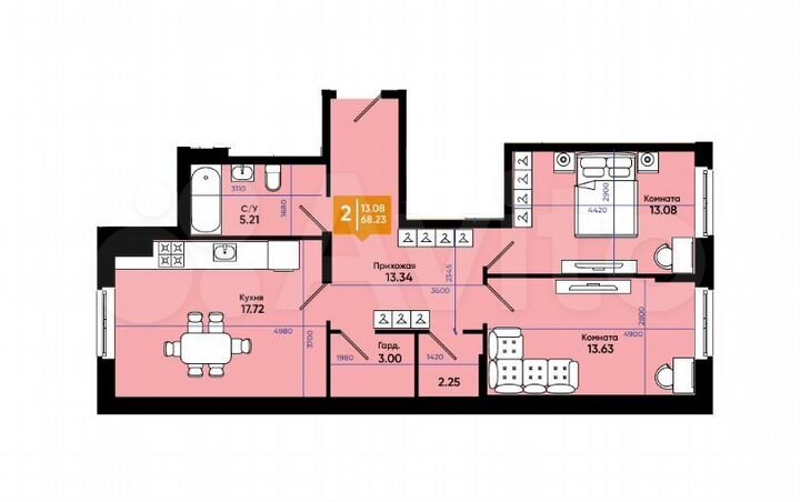 3-к. квартира, 68 м², 2/8 эт.