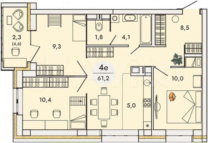 4-к. квартира, 61,2 м², 2/16 эт.