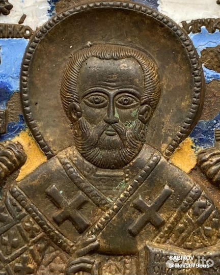 Икона Николай Чудотворец эмаль 6 цв. 19 век