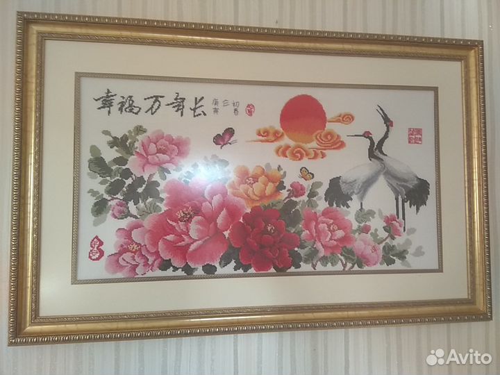 Вышивка пионы и журавли