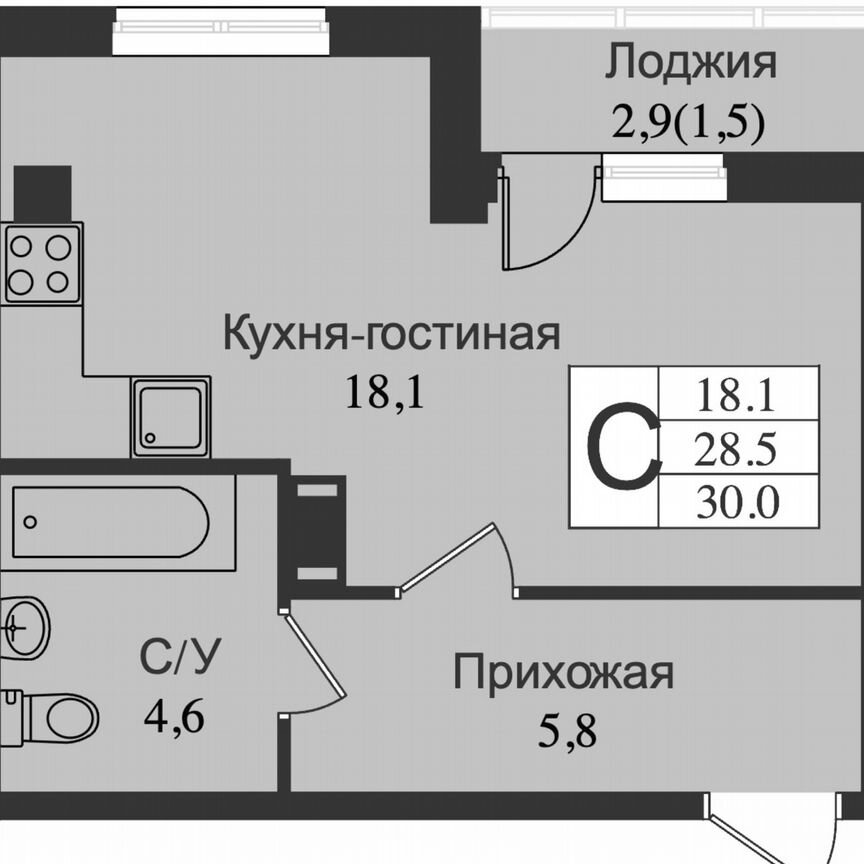 Квартира-студия, 31,4 м², 12/15 эт.