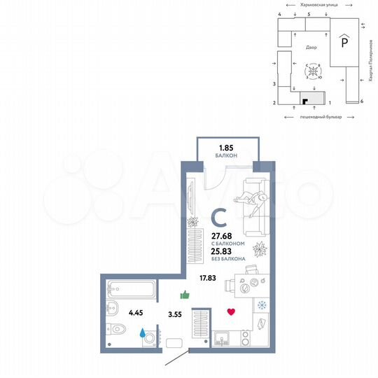 Квартира-студия, 27,7 м², 7/25 эт.