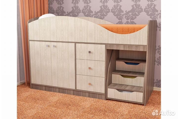 Кровать детская Стрелка с лесенкой, ящиками и шкаф