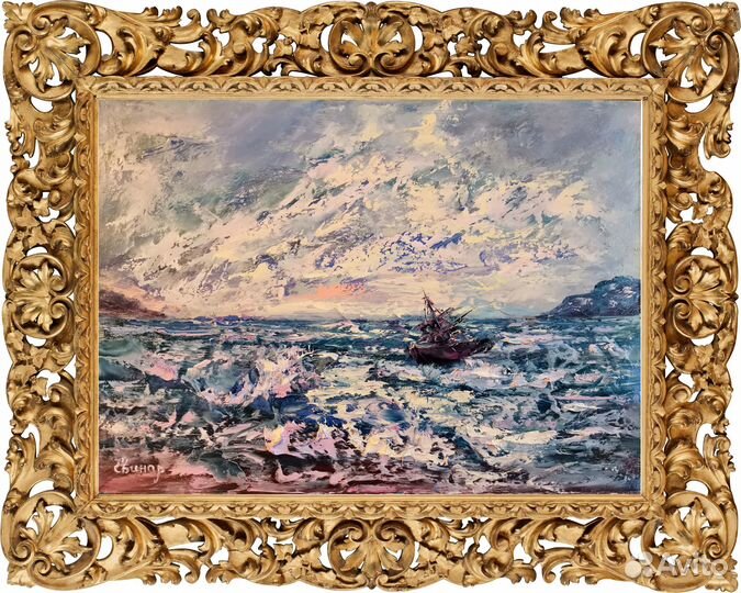 Картина маслом корабль море шторм Художник Свинар