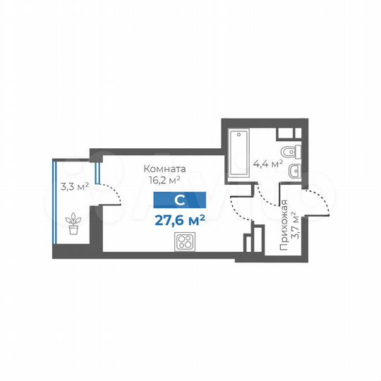 Квартира-студия, 27,6 м², 14/15 эт.