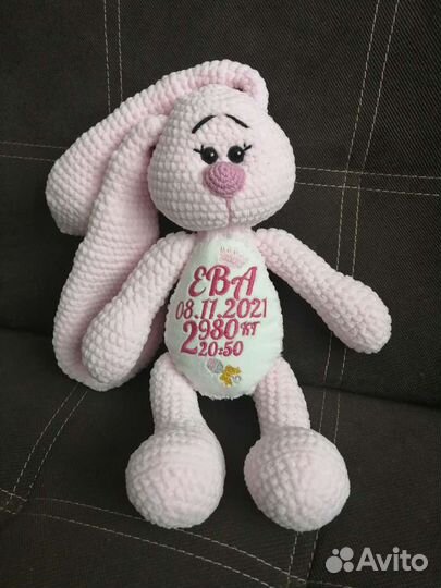 Игрушка бегемот или зайка с метрикой