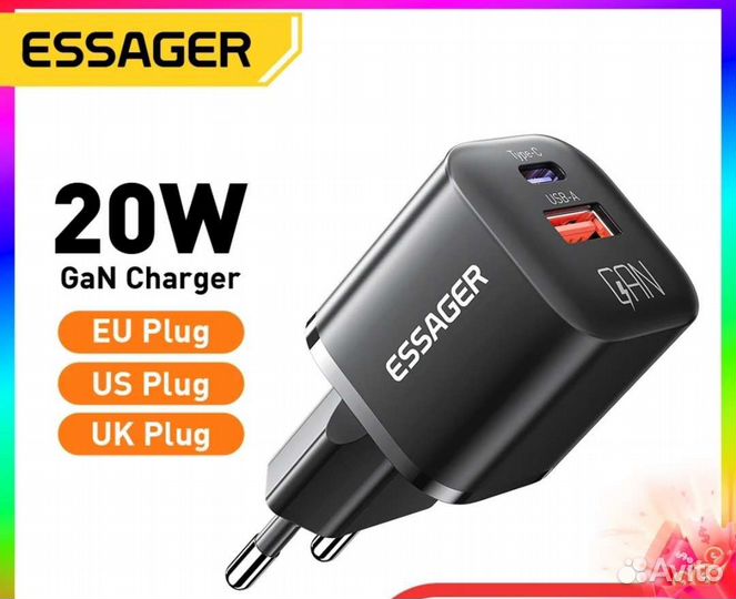 Быстрое зарядное ус-во для iPhone Essager GAN нов