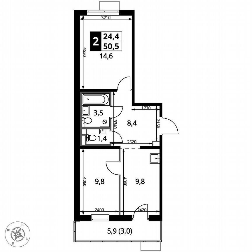 2-к. квартира, 50,5 м², 18/24 эт.