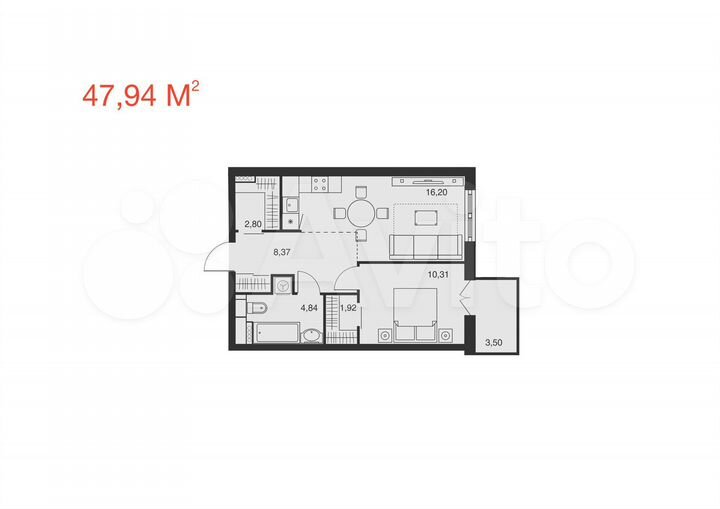 1-к. квартира, 47,9 м², 13/25 эт.