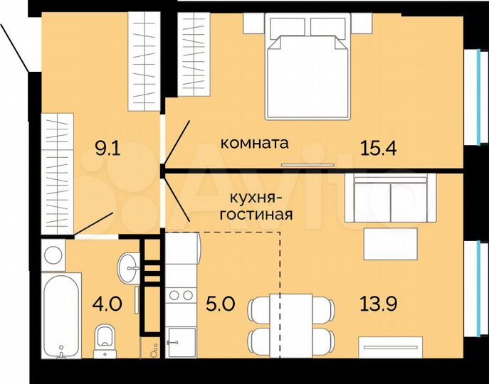 2-к. квартира, 47,4 м², 4/25 эт.
