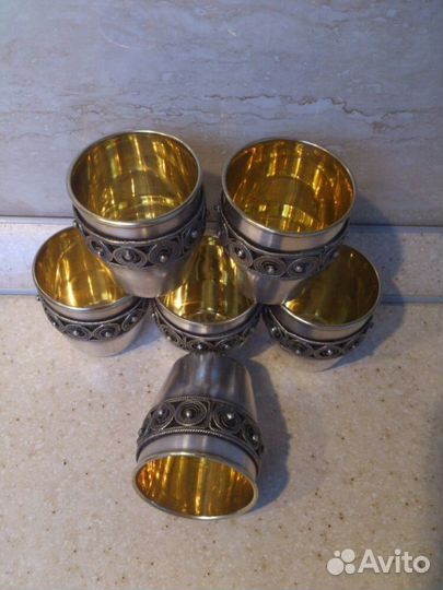 6 Стопок. Мельхиор, золочение, серебрение, скань