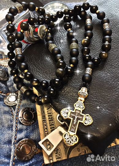 Мужские Бусы из Камня под Крест.Ручная Работа
