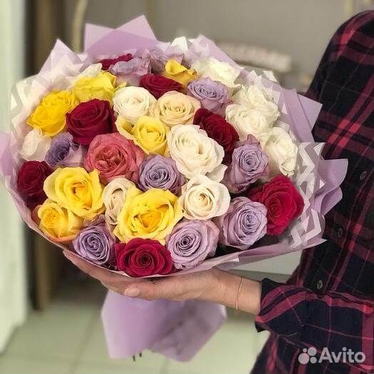 Букет разноцветных роз, Эквадор, 50см 31 шт