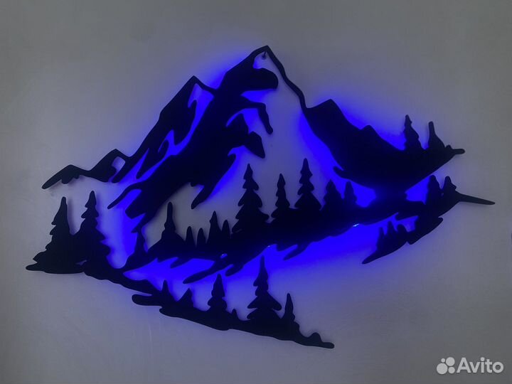Картина панно деревянное «горы» с подсветкой
