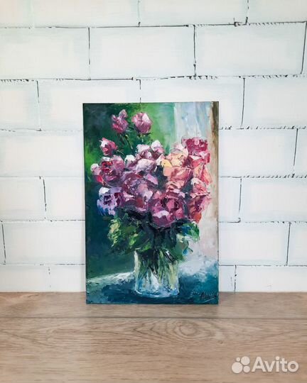 Картина цветы в вазе Натюрморт маслом Этюд розы