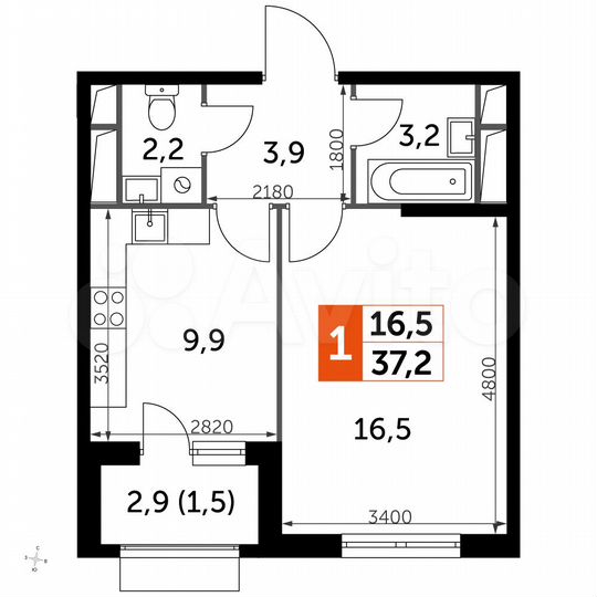 1-к. квартира, 37,2 м², 2/16 эт.