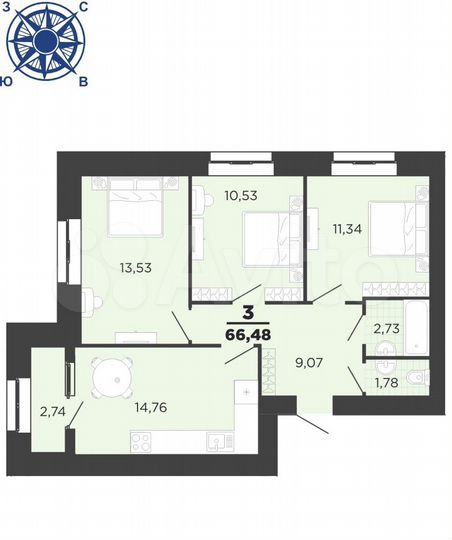 3-к. квартира, 66,5 м², 13/16 эт.