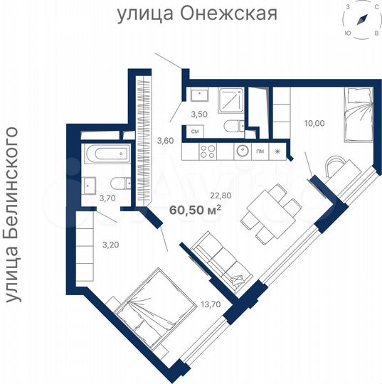2-к. квартира, 60,5 м², 13/31 эт.