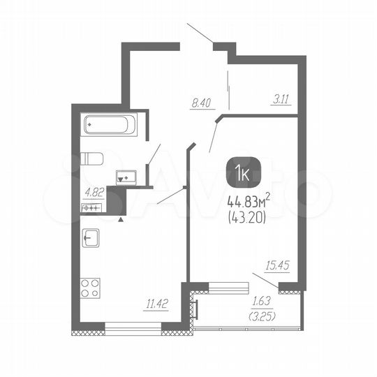 1-к. квартира, 44,8 м², 3/22 эт.