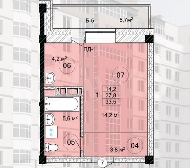 1-к. квартира, 30,5 м², 5/9 эт.