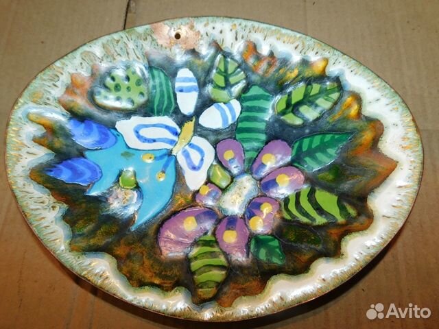 Антикварное, настенное, медное панно в эмалях 1982