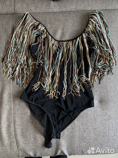 Боди женское с бахромой и сеткой черное 44 размер