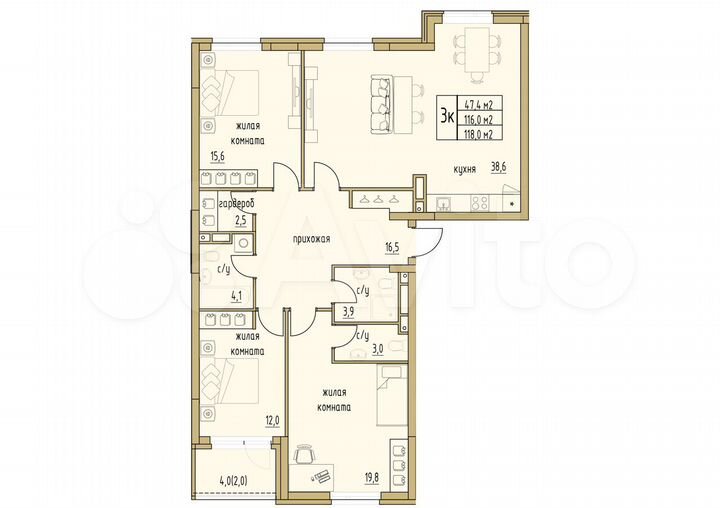 3-к. квартира, 118 м², 5/6 эт.