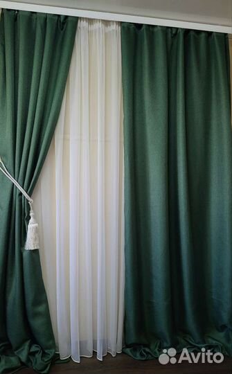 Шторы блэкаут рогожка зелёные 4м