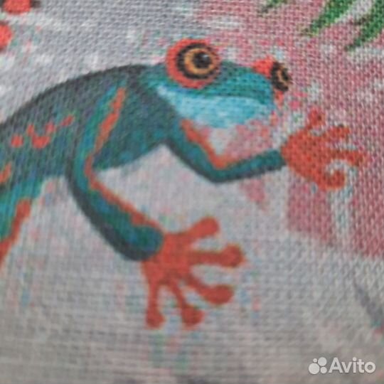 Ткань серый лен принт рисунок лягушки