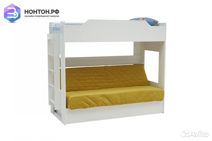 Двухъярусная кровать с диван-кроватью желтый / бел