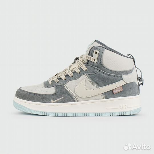Кроссовки Nike Air Force 1 Mid Grey / White Blue Ftwr. with Fur Wmns (арт. 25780)