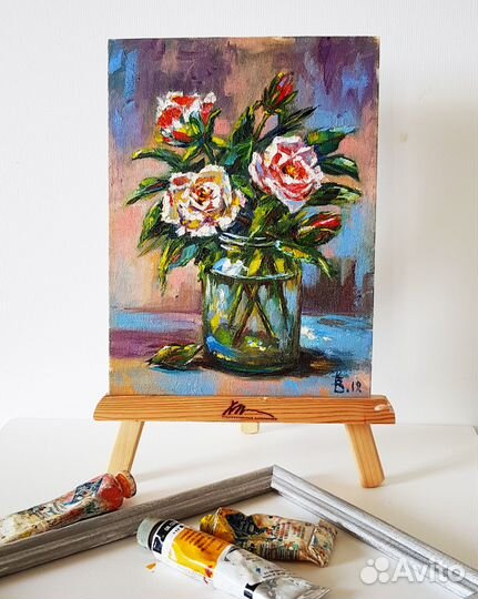 Небольшая картина маслом цветы Розы натюрморт