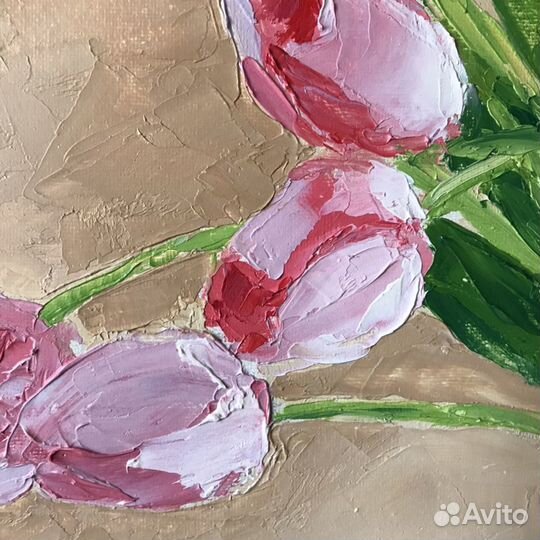 Картина маслом. Тюльпаны в стакане