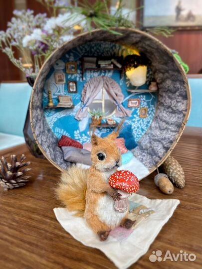 Белка ручной работы, тедди в миниатюрном доме