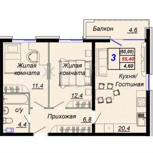 3-к. квартира, 60 м², 5/15 эт.