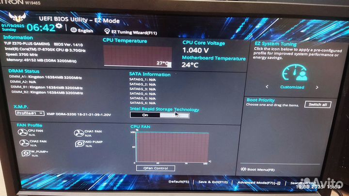 Комплект i7-8700k + asus tuf z370-plus gaming + 48