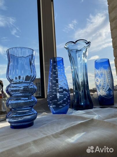 Ваза для цветов стекло СССР. Синее и кобальт