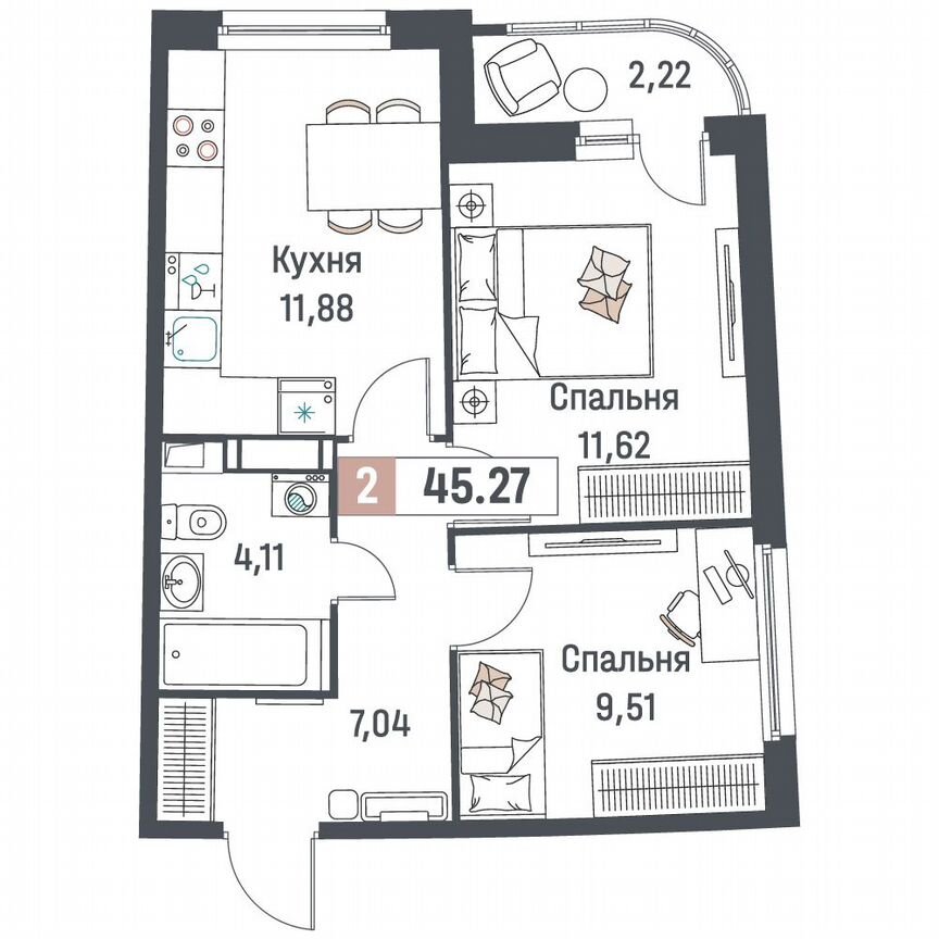 2-к. квартира, 45,3 м², 16/18 эт.