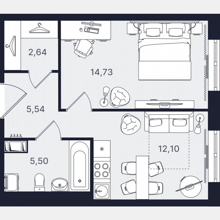 1-к. апартаменты, 40,5 м², 24/24 эт.